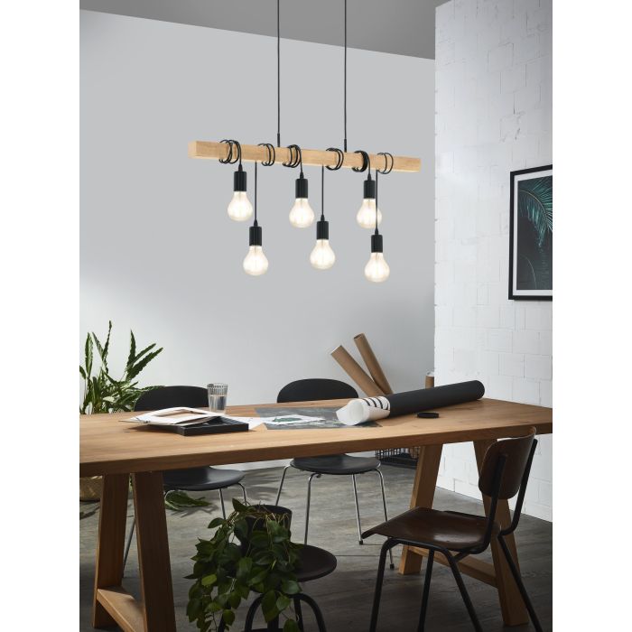Townshend Pendant 6 x E27 Blk/light Wood - pendant - Lux Lighting
