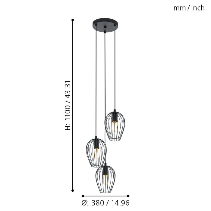 Newtown 3 light Pendant E27 Blk Cluster - pendant - Lux Lighting