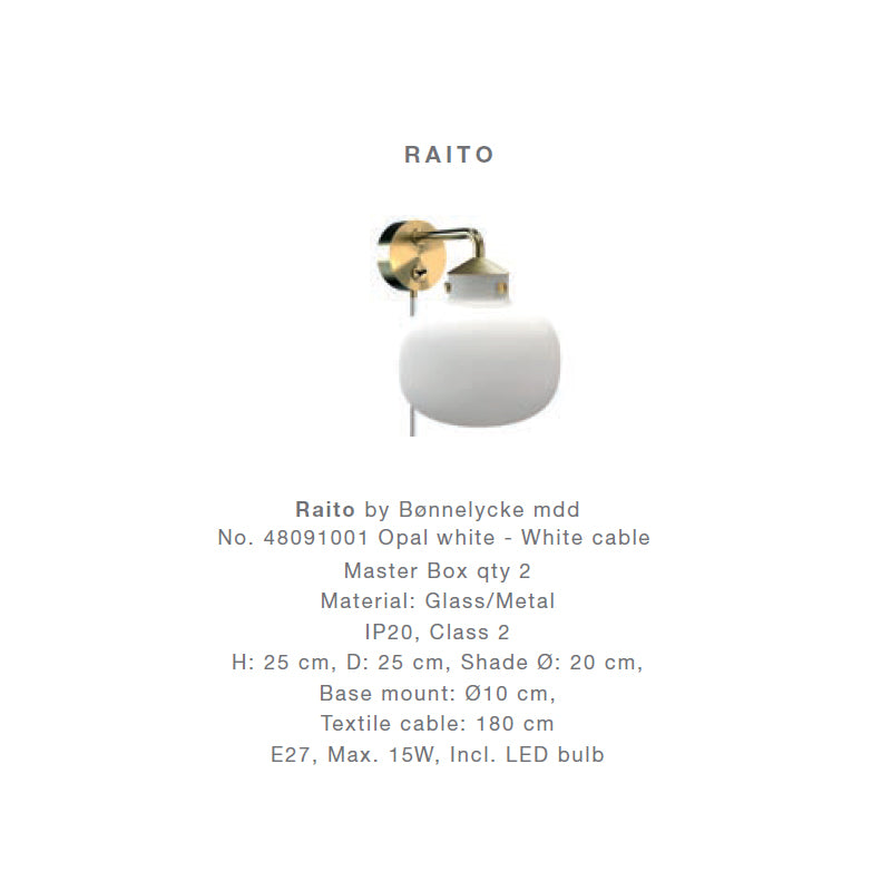 Raito Wall Brass Metal/Opal Glass E27