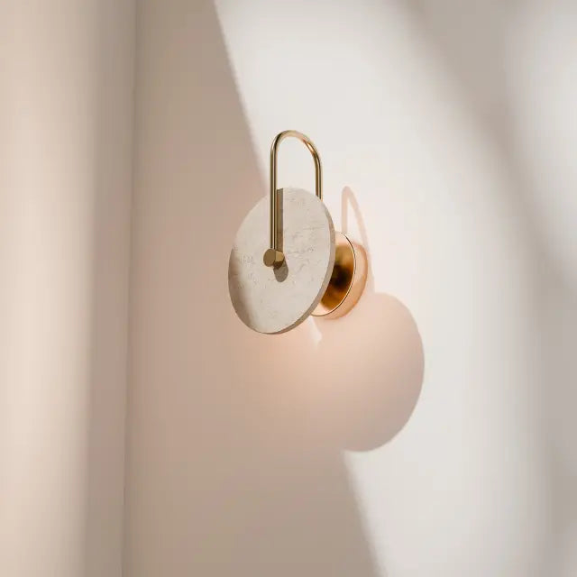 Orville Natural Travertine Round 200mm Backlit LED Wall Light 5W Non Dimmable Brass - IP20