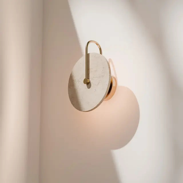 Orville Natural Travertine Round 250mm backlit LED Wall Light 5W Non Dimmable Brass - IP20
