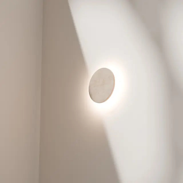 Orville Natural Travertine Round 200mm LED Wall Light 6W Tri Colour Non Dimmable Brass - IP20