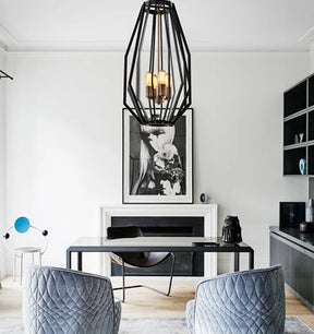 GAMBA: Industrial Black Rustic Narrow Angular Cage Pendant Light