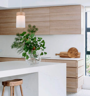TAMBURA: Scandinavian Small Round Cloth Shade with Wood Veneer Trim Pendant Lights