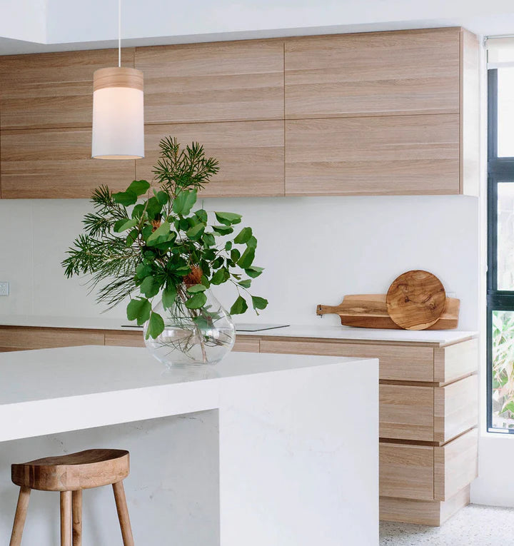 TAMBURA: Scandinavian Small Round Cloth Shade with Wood Veneer Trim Pendant Lights