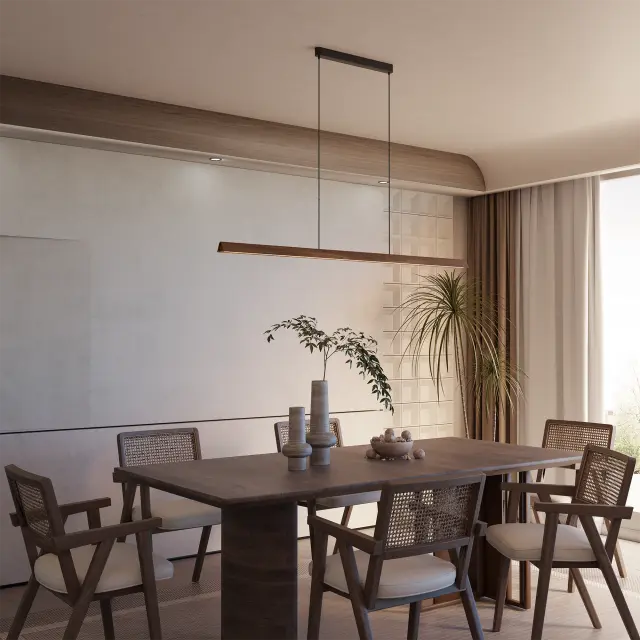 Calibo Avocent 1500mm Slim Timber Triangular Edge LED Linear Pendant - Black Ash with Black