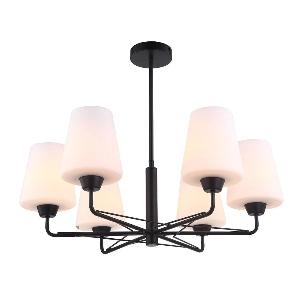 ABBEY: Interior Traditional 6 Lamps Opal Glass Pendant Lights BLACK
