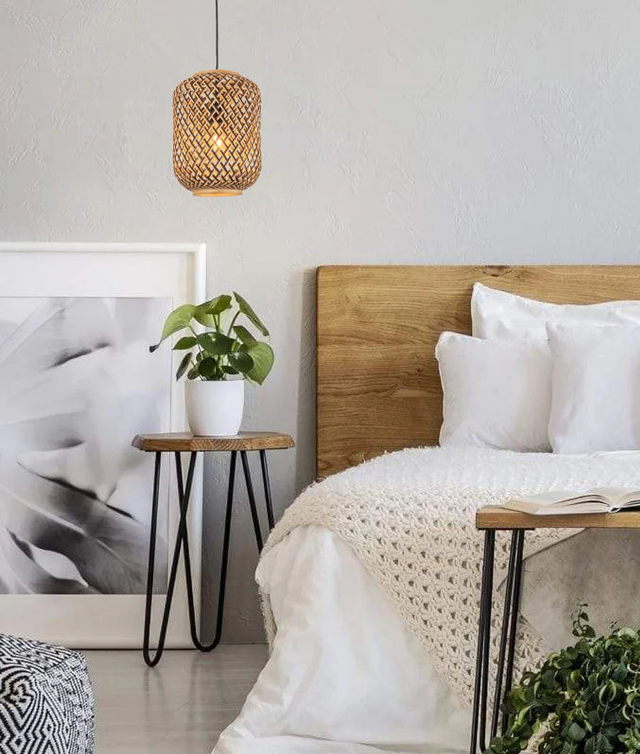 CESTA: Bohemian Interior Cylinder Brown/Natural Bamboo Cage Pendant Light