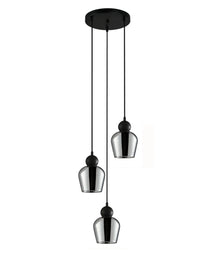 CHAMPAN: Interior Bronze Amber / Mirror Finish Smokey Black Glass Ellipse Multiple Round Base Pendant Lights