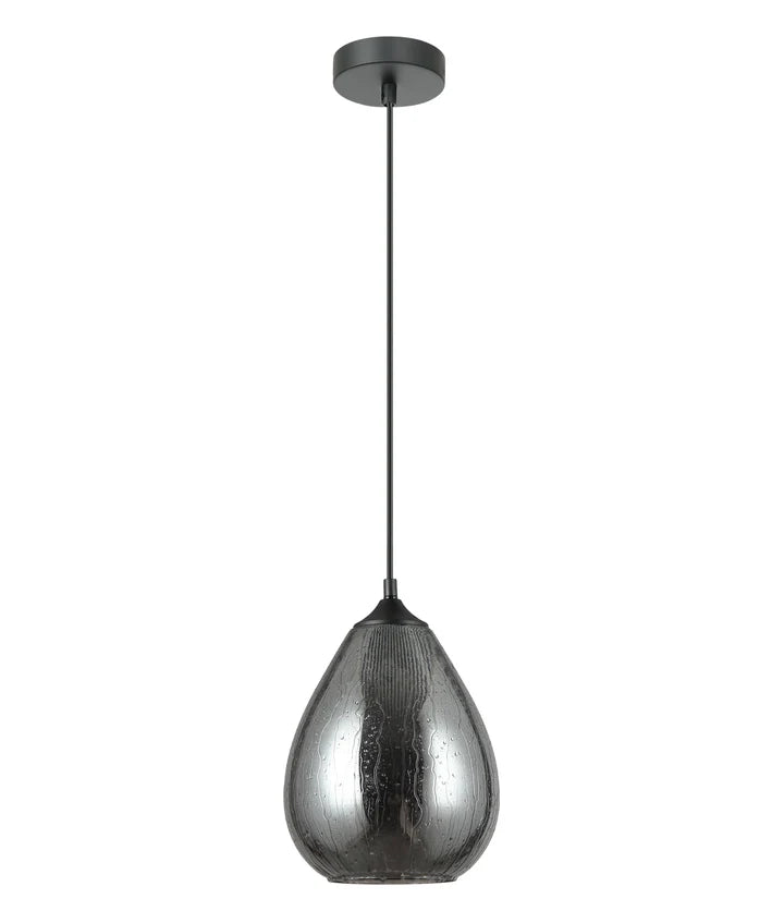 CHUVA: Smokey Black Mirror Finish Glass with Rain Drop Effect Oval Pendant Light