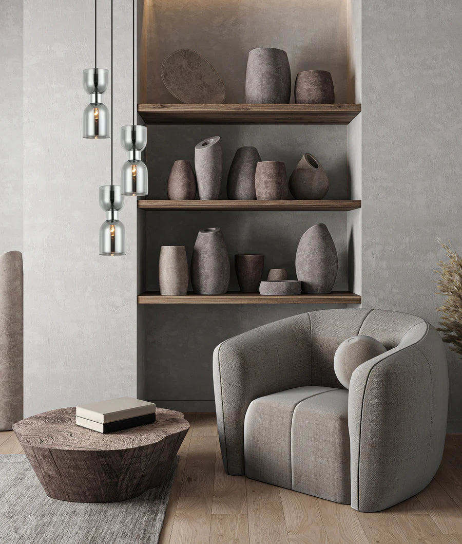 CLESSIDRA: Interior Mirror Finish Smokey Black / Opal Glass Ellipse Multiple Round Base Pendant Lights