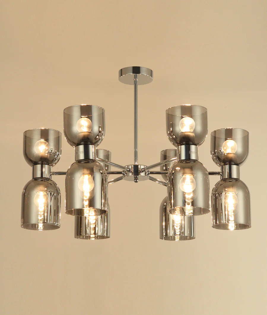 CLESSIDRA: Interior Mirror Finish Smokey Black / Opal Glass Ellipse x12 Round Base Pendant Lights