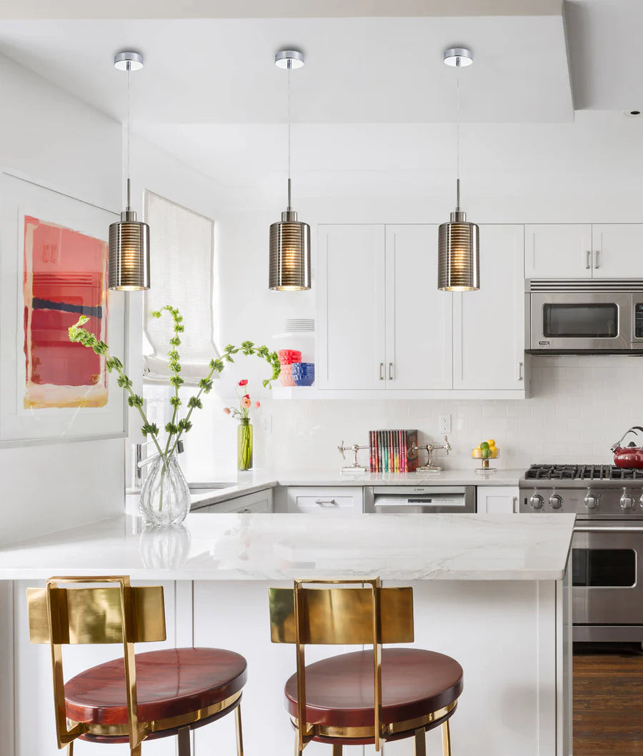 ESPEJO1: Interior Iron & Chrome Oblong Glass with Line Effect Pendant Lights