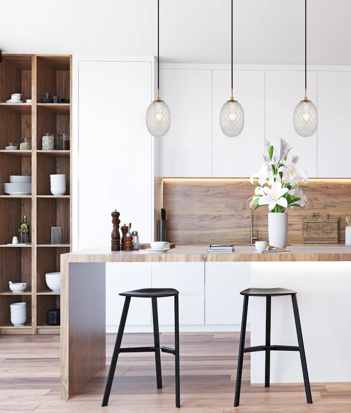 KATHAL: Interior Ellipse Glass Segmented with Brass Highlight Enclosed Pendant Lights