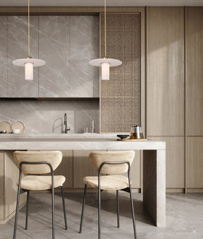 LUCERNA: Interior Cylinder Round Hat Alabaster Shade Brass Highlight Pendant Light