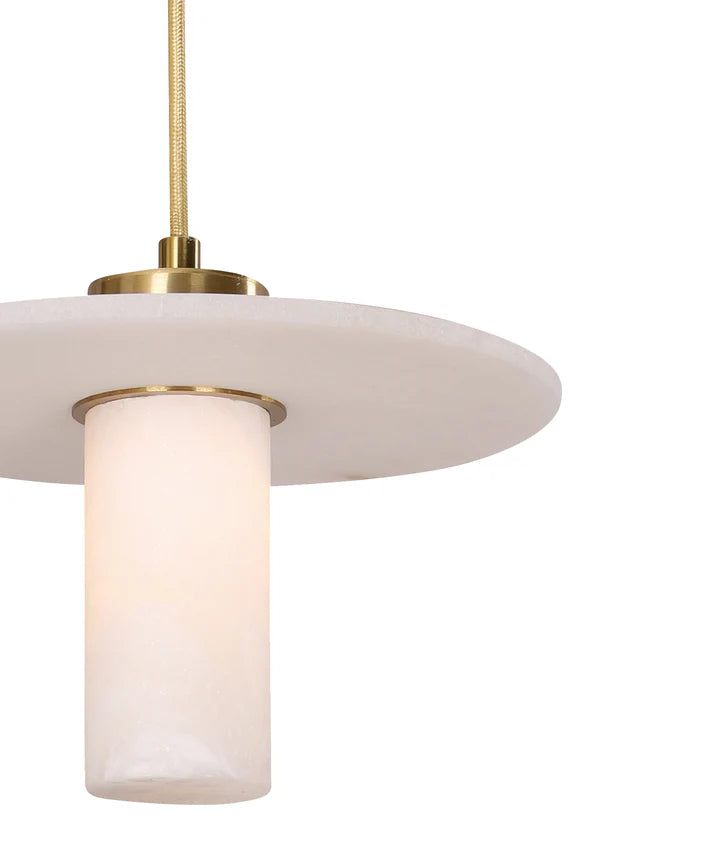 LUCERNA: Interior Cylinder Round Hat Alabaster Shade Brass Highlight Pendant Light