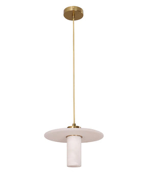 LUCERNA: Interior Cylinder Round Hat Alabaster Shade Brass Highlight Pendant Light
