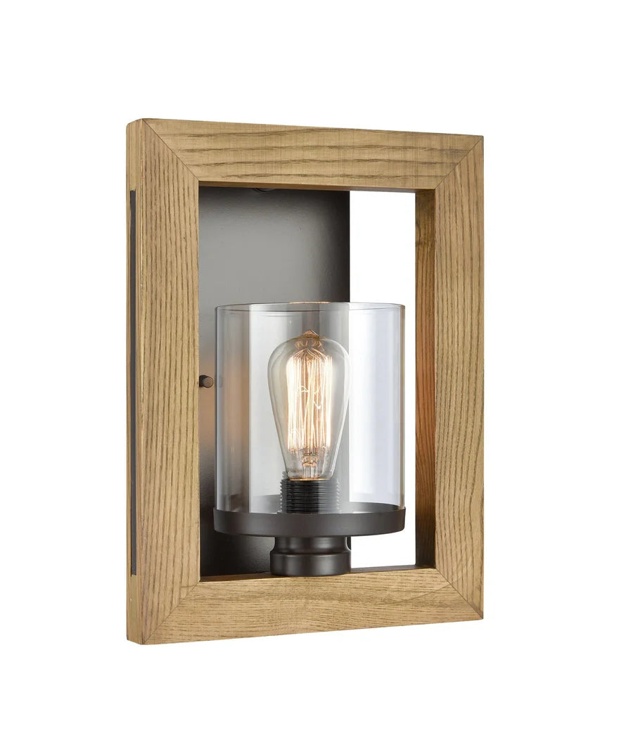 METI Warm Chestnut Wood Frame Clear Glass Shade Interior Wall Light