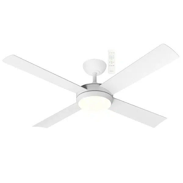 Quantum DC 1320mm All ABS 4 Fast Fix Blade Remote Control Ceiling Fan With 24W Dimmable Tricolour LED Light Matt White
