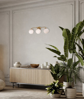 PALLA Interior Triple Sphere Alabaster with Brass Highlight Round Base Wall Light