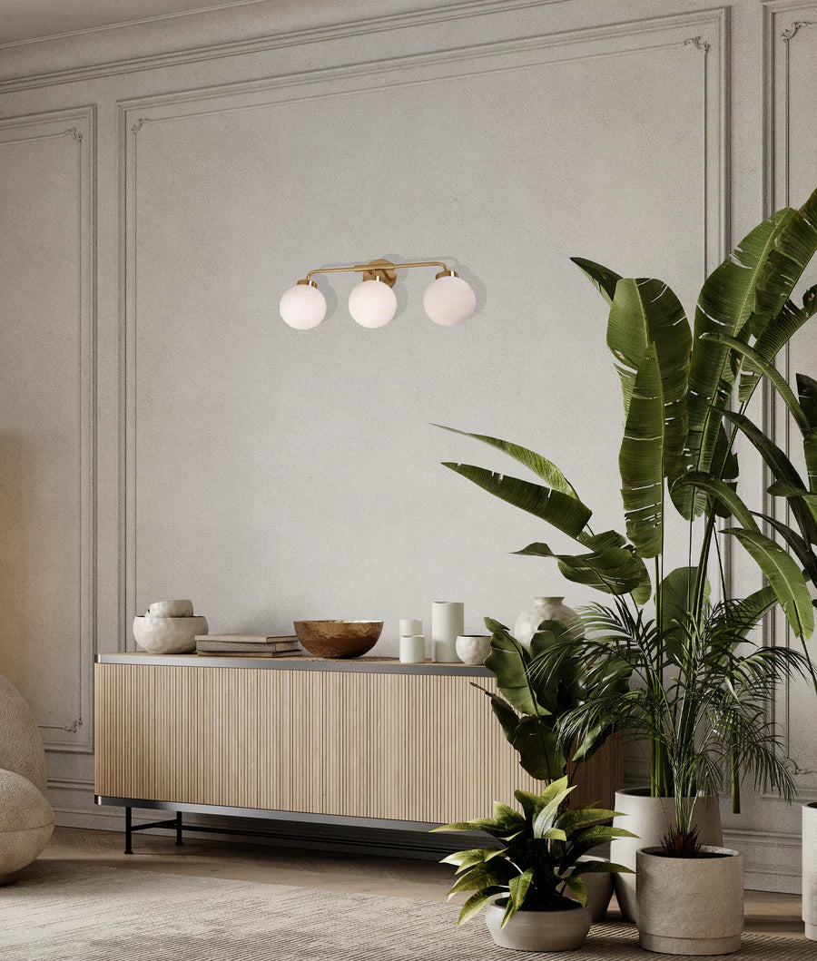 PALLA Interior Triple Sphere Alabaster with Brass Highlight Round Base Wall Light