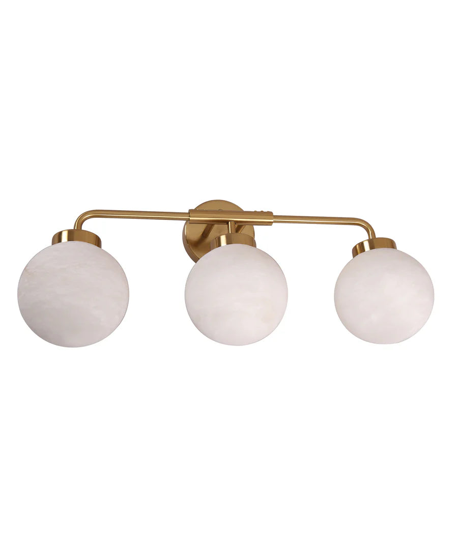 PALLA Interior Triple Sphere Alabaster with Brass Highlight Round Base Wall Light