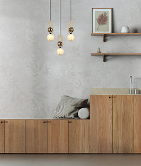 PALTA: Interior Sandblasted Opal Diffuser with Brass & Wood Highlight Pendant Lights