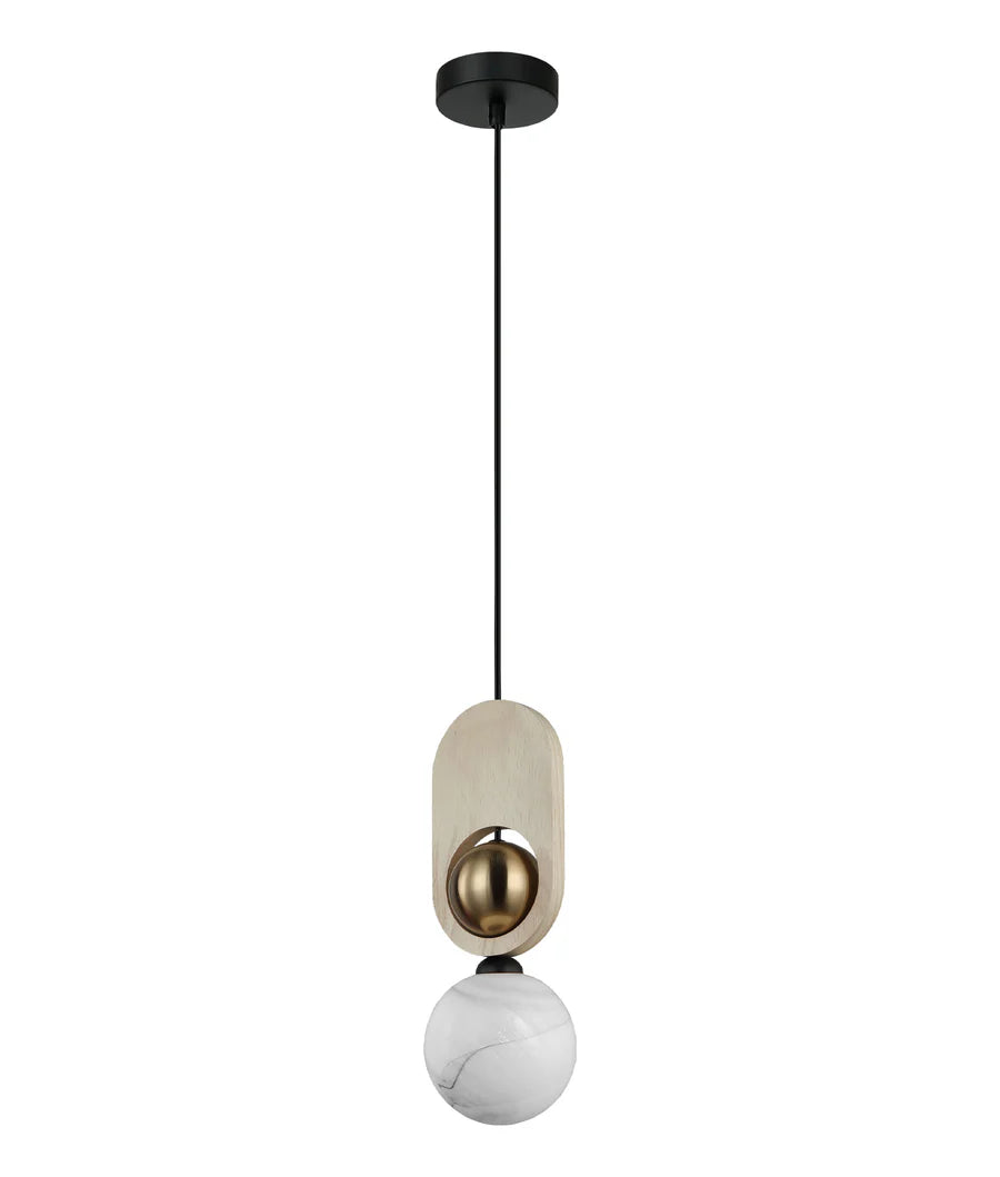PALTA: Interior Sandblasted Opal Diffuser with Brass & Wood Highlight Pendant Lights