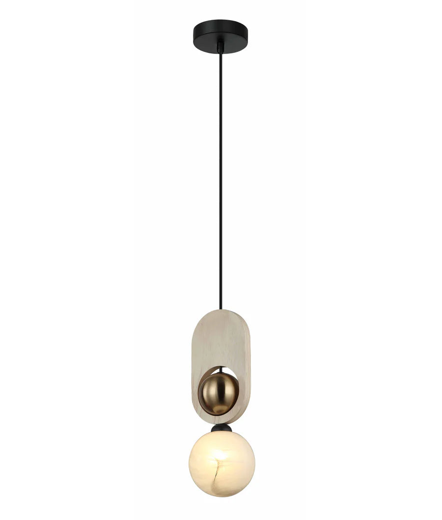 PALTA: Interior Sandblasted Opal Diffuser with Brass & Wood Highlight Pendant Lights