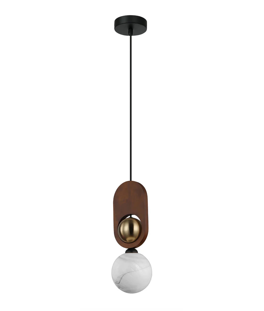 PALTA: Interior Sandblasted Opal Diffuser with Brass & Wood Highlight Pendant Lights