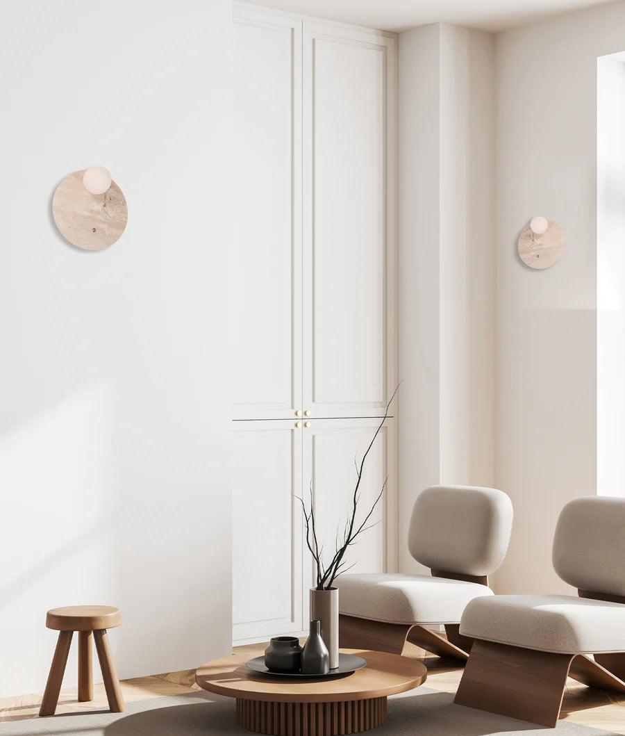 Wall Int S/M G9 Round Travertine Base w/Beige Finish Inc Switch & Round Opal Diffuser