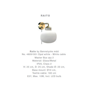 Raito Wall Brass Metal/Opal Glass E27