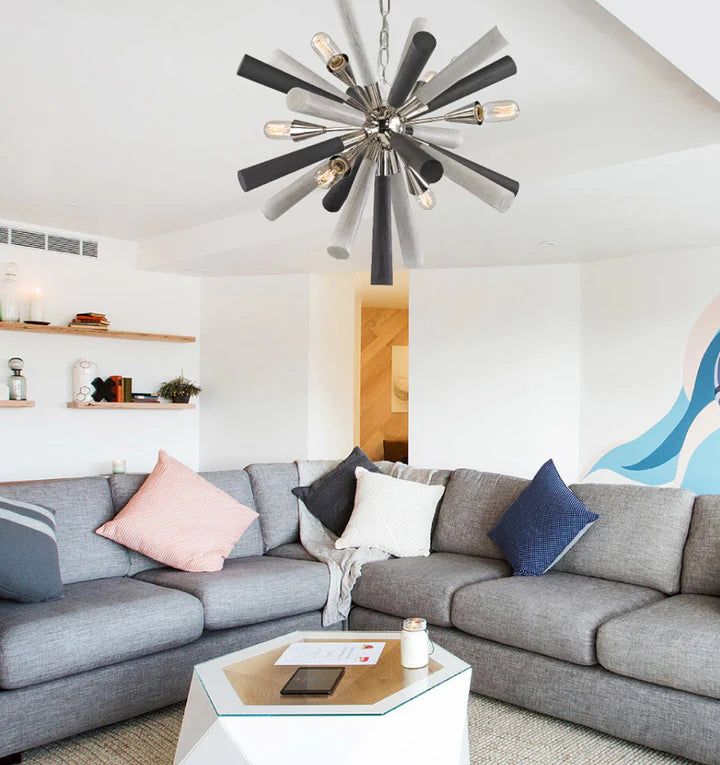 SPUTNIK: Polished Nickel / Dark-Light Grey Washed Wood Pendant Light