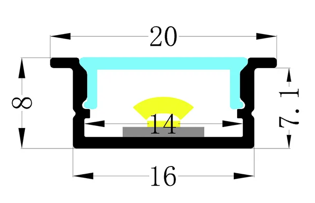 Square recessed Aluminium Profile with Diffuser - 3m