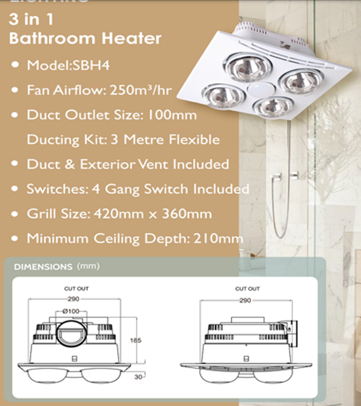 Standard Bathroom 3-in-1 Exhaust Fan with Light Heat