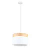 TAMBURA: Scandinavian Medium Drum Cloth Shade with Wood Veneer Trim Pendant Lights