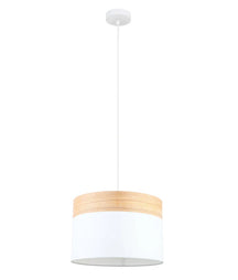 TAMBURA: Scandinavian Medium Drum Cloth Shade with Wood Veneer Trim Pendant Lights