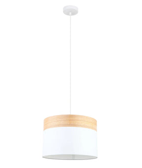 TAMBURA: Scandinavian Medium Drum Cloth Shade with Wood Veneer Trim Pendant Lights