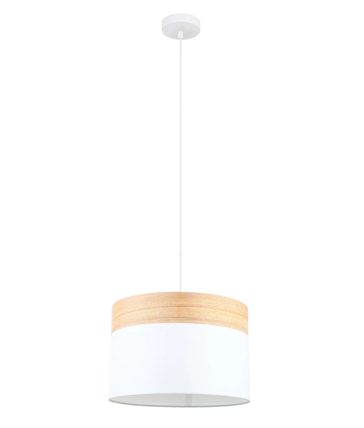 TAMBURA: Scandinavian Medium Drum Cloth Shade with Wood Veneer Trim Pendant Lights