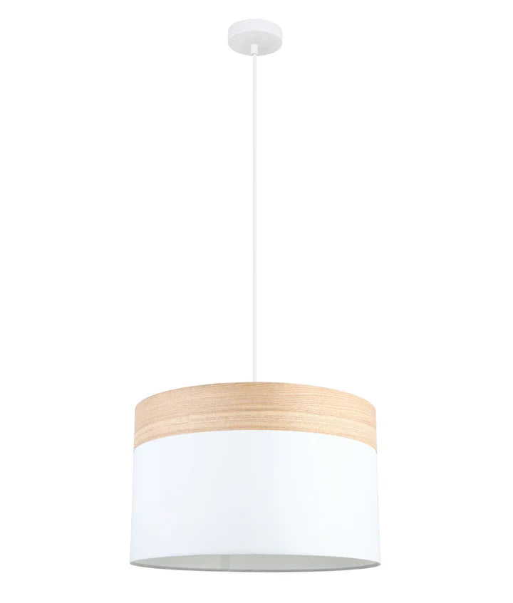 TAMBURA: Scandinavian Large Drum Cloth Shade with Wood Veneer Trim Pendant Lights