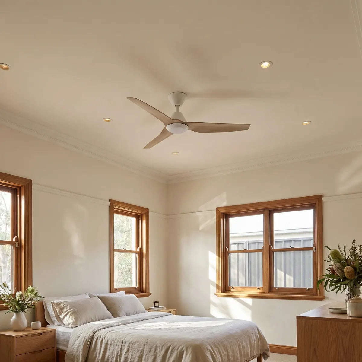 Infinity iD DC Ceiling Fan with CCT LED Light – Beechwood 48″
