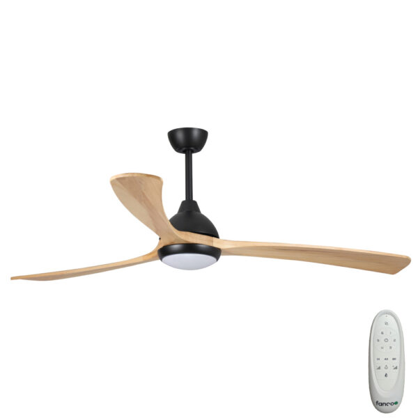 Sanctuary DC Ceiling Fan with Remote Control & CCT LED Light – Black with Natural Blades 52″