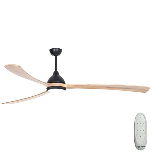 Sanctuary DC Ceiling Fan with CCT LED Light – Black with Natural Blades 86″