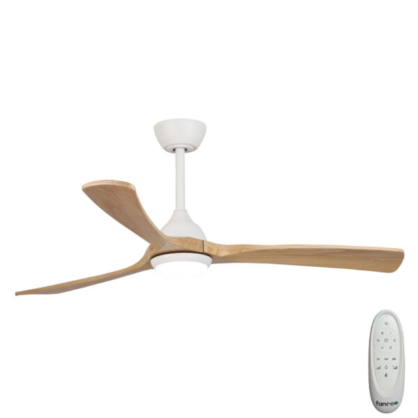 Sanctuary DC Ceiling Fan with Remote Control & CCT LED Light – White with Natural Blades 52″