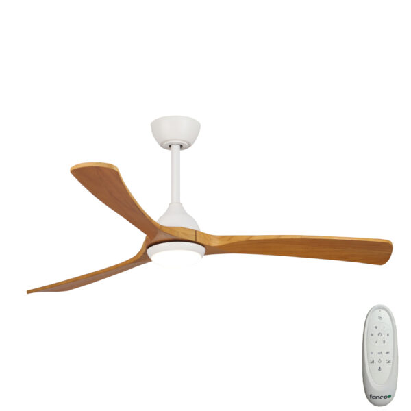 Sanctuary DC Ceiling Fan with Remote Control & CCT LED Light – White with Teak Blades 52″